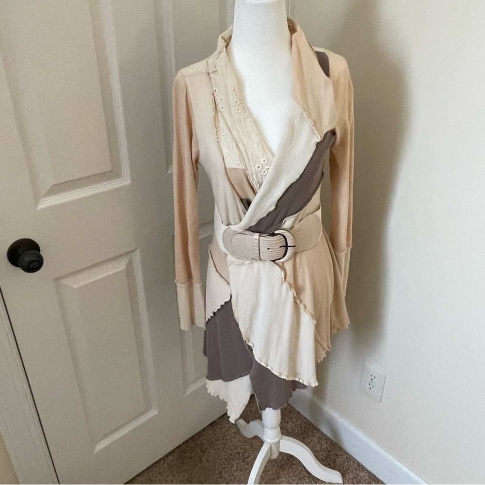 Layered Wrap-Style Women's Top in Beige & Taupe with Belt